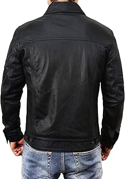 Mens Trucker Leather Jacket, Slim Fit Classic Trucker Real
